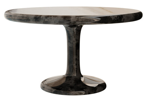 A table is shown cut out from a front view. It stands alone on a clear background. The tabletop is round and smooth. The base tapers down to a round foot