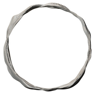 A round chrome ring is displayed on a clear background. The ring has a smooth edge and shiny surface. This design highlights the ring's structure and shape without distractions