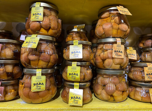 Glass jars of rum babas from the Le Comptoir de Mathilde brand. Strasbourg. France.