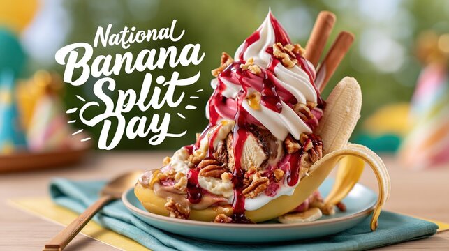 Banner photograph for "National Banana Split Day", a festive summer scene with a banana split dessert centered slightly low in frame, small blurred party decorations in the background