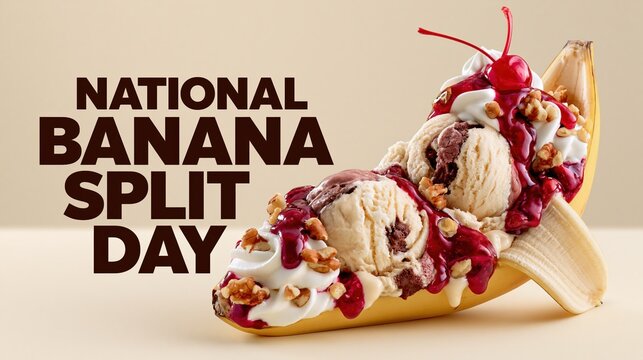 Banner photograph for National Banana Split Day promotion, bold dark brown text "NATIONAL BANANA SPLIT DAY" placed prominently on the left side in a thick modern sans-serif typeface