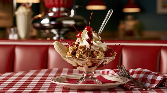 National Banana Split Day: a banana split served in a retro 1950s American diner, red vinyl booth seat, checkered tablecloth, chrome milkshake dispenser blurred in background