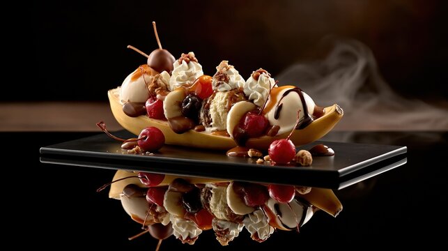 National Banana Split Day: a single elegant banana split dessert placed on a black mirrored surface, perfect symmetrical reflection below, soft rim lighting outlining the ice cream scoops