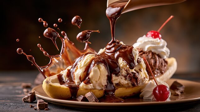 National Banana Split Day: chocolate syrup being poured in slow motion over a fresh banana split with vanilla and chocolate ice cream scoops, droplets frozen mid-air, whipped cream and cherry visible