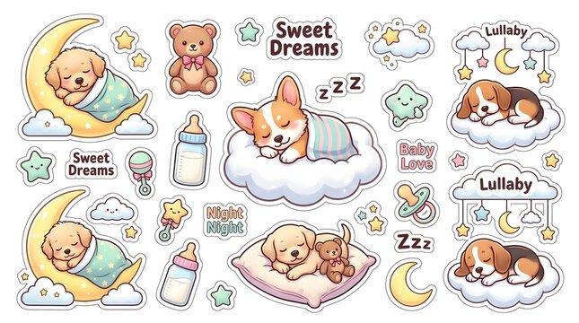 Puppies sleeping on clouds and crescent moons create a peaceful atmosphere in this set of whimsical baby-themed stickers.