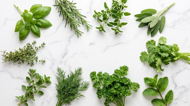Fresh aromatic green herbs arranged on a white marble background with copy space, aromatic