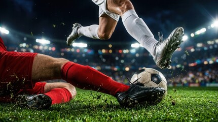 A night stadium pitch scene showing a competitive duel and football sliding tackle moment with airborne legs and ball.