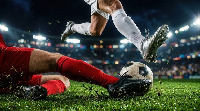 A night stadium pitch scene showing a competitive duel and football sliding tackle moment with airborne legs and ball.