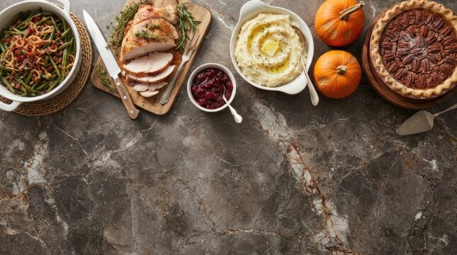 Traditional thanksgiving dinner table setting with roasted turkey and various holiday side dishes