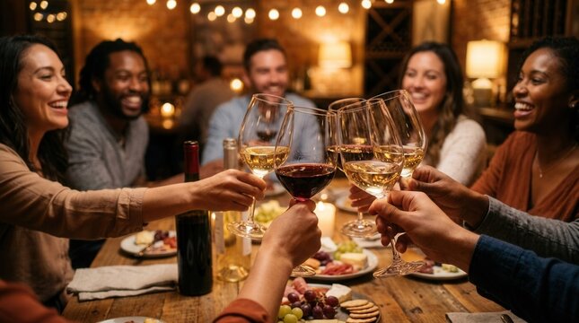 Beverage branding and wine advertising concept featuring friends toasting wine glasses at a cozy table during an evening gathering.