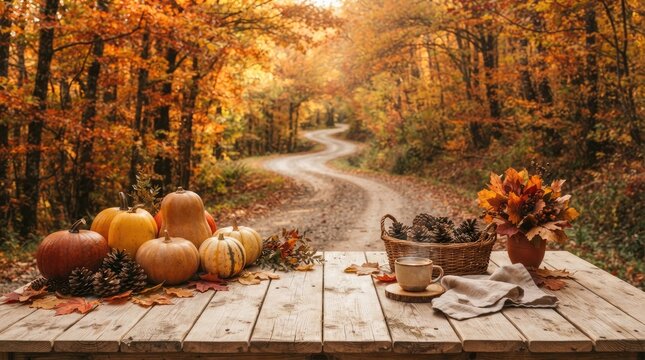 Rustic wooden table with pumpkins and autumn decorations for a thanksgiving holiday background