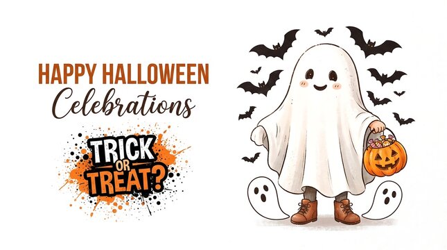 Cute ghost child in a sheet costume holding a pumpkin candy bucket with bats, halloween celebration greeting card isolated on white background