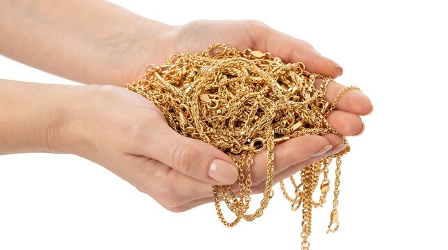 Hands holding a large pile of gold chains isolated on white background