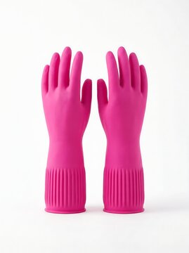 Pair of bright pink rubber cleaning gloves for household chores isolated on white background