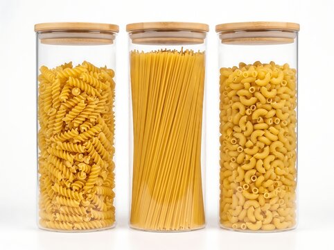 Three glass jars with bamboo lids filled with different types of dry pasta isolated on white background