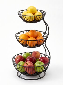 Threetiered wire fruit basket filled with fresh lemons, oranges, apples, and peaches isolated on white background