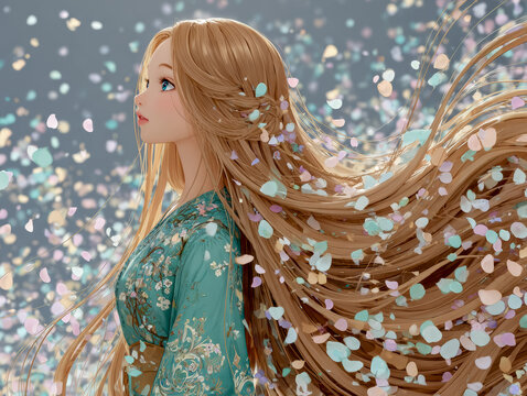 A cute cartoon half body portrait of a inspired woman in a flowing dress creates a playful, colorful, and tropical illustration ideal for character design and lifestyle art.