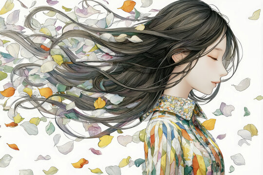 A cute cartoon half body portrait of a inspired woman in a flowing dress creates a playful, colorful, and tropical illustration ideal for character design and lifestyle art.