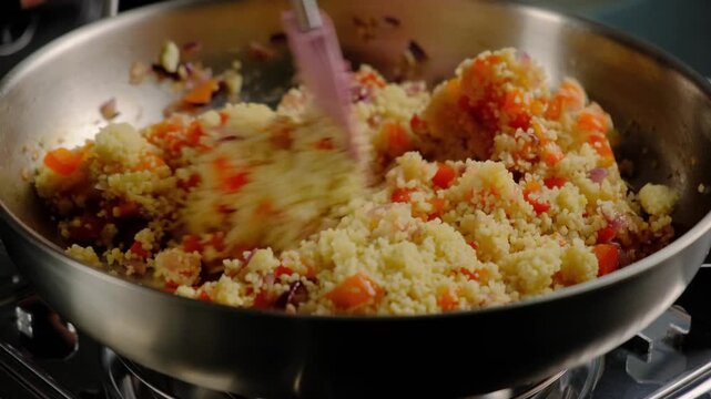 Close-up of mixing yellow granules, diced orange vegetables, and purple onion in a metal bowl with a pink spatula on a stovetop in Cooking.