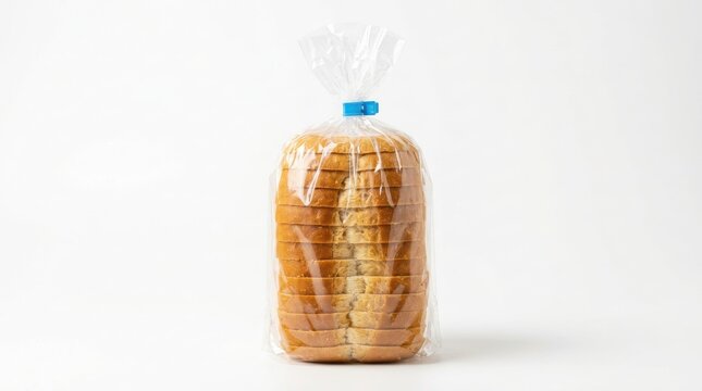 A loaf of sliced white bread packaged in a clear plastic bag with a blue plastic tie, isolated on a clean white background, for food retail