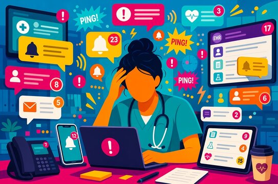 Alert fatigue in healthcare illustration showing stressed nurse overwhelmed by digital notifications