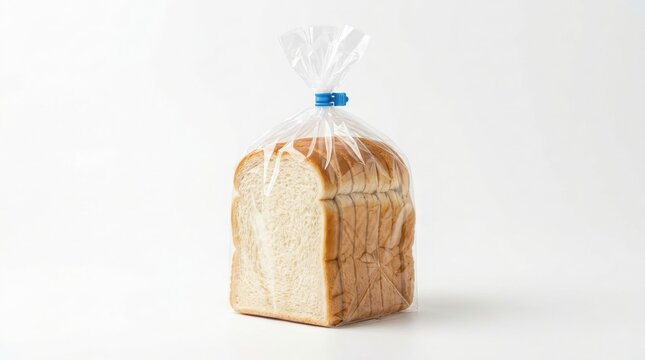 A loaf of sliced white bread packaged in a clear plastic bag with a blue plastic tie, isolated on a clean white background, for food retail