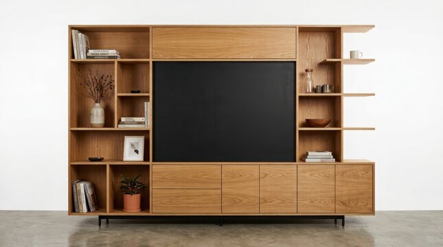 Large wooden wall unit with open shelving and closed cabinets, featuring a central black panel for a television, on a concrete floor background