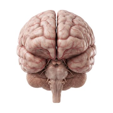 Anatomical human brain model front view showing hemispheres and brainstem isolated on white background
