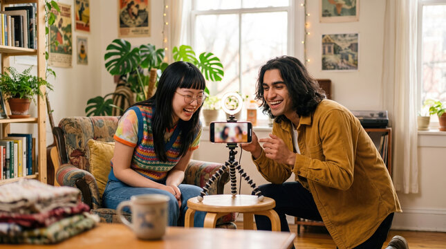 Young friends film smartphone video in a bright living room