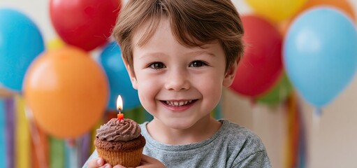 Obraz premium A toddler delights in a frosted cupcake with a lit candle, surrounded by colorful balloons and festive decor.