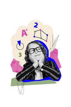 Vertical photo collage of happy schoolboy nerd excellent pupil geometry lesson  best mark numbers math isolated on painted background