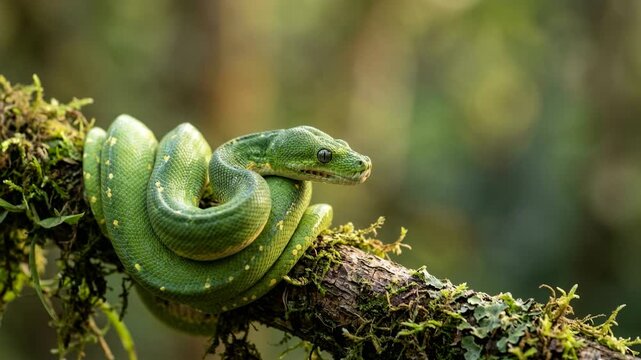 green snake close up at morning light in tropical rainforest video