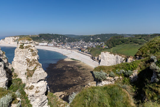 View of Etretat Beach from the Aval Cliff on the Alabaster Coast , Normandy, France