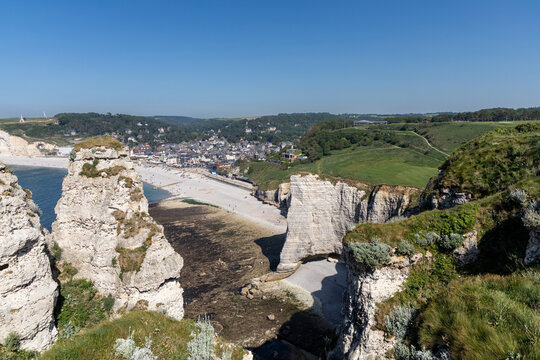 View of Etretat Beach from the Aval Cliff on the Alabaster Coast , Normandy, France