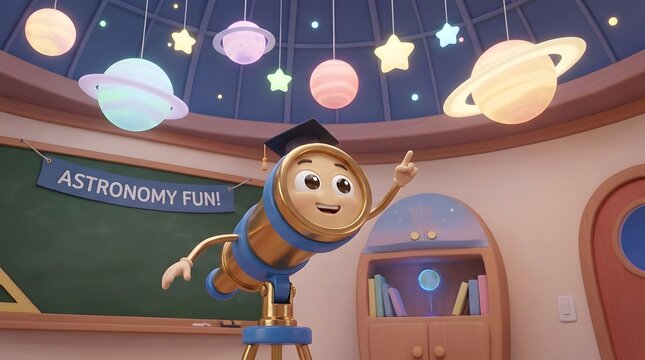Cartoon boy excited about astronomy in space classroom