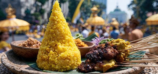 Obraz premium At a lively street celebration, a traditional Indonesian feast features a colorful yellow rice cone and skewered grilled satay.