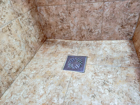 Mold growing on the grout of a shower stall floor. Dirty tile surface with fungus in a bathroom corner. Maintenance and hygiene problem requiring deep cleaning and restoration service
