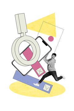 Composite trend artwork sketch image collage of business trader graphics data display smartphone young guy zoom glass find pull push hand