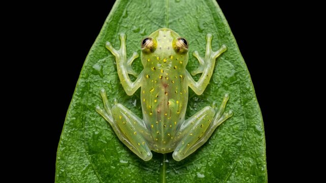 top down view of glass frog on green leaves isolated on black background macro video