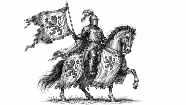 Medieval knight on horseback carrying heraldic banner engraving sketch detailed historical warrior illustration