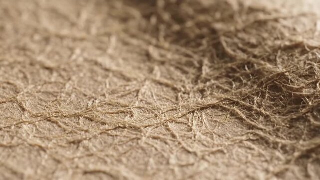 Extreme macro shot of natural brown handmade paper texture showing detailed organic plant fibers.