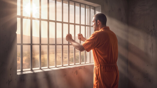 Inmate in orange jumpsuit looking through barred window of prison cell. Male prisoner standing in confinement while sunlight streams into the room.