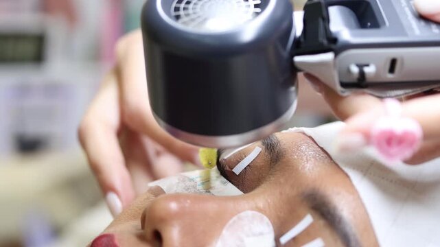 Eyelash extension process in a professional beauty salon, close-up view