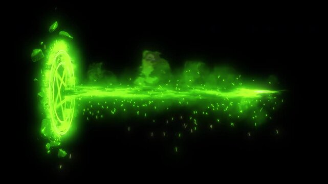 Green Glowing Pentagram Magic Energy Portal with Beam, Smoke and Particles, MOV on Transparent Background with Alpha Channel