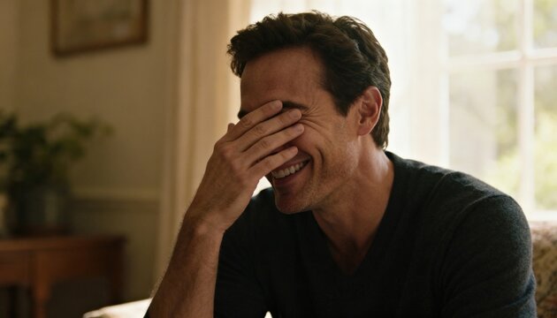 Man sitting indoors laughing quietly with his hand covering part of his face in warm natural daylight, authentic candid happiness concept photography concept