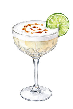 A watercolor pisco sour cocktail illustration isolated on a transparent background, showing a crystal coupe glass with egg white foam, bitters drops and a fresh lime wheel garnish