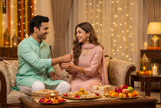 Raksha Bandhan celebration with sister tying rakhi to brother at home.