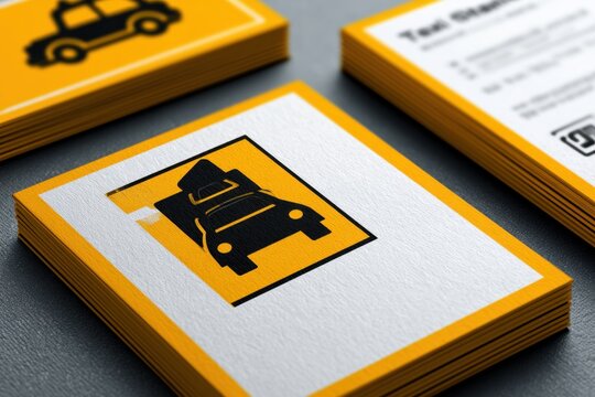 A minimalist taxi business card set with yellow and black theme, clear icons and typography, designed for professional corporate branding adaptable for cleaning company use.
