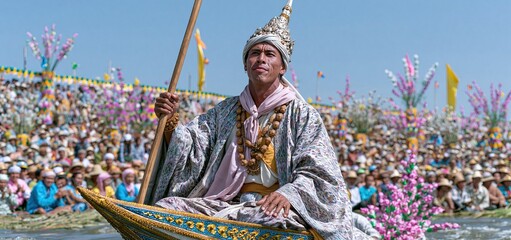 Obraz premium A regal figure in colorful traditional clothing steers an ornately adorned boat during a lively harvest celebration.