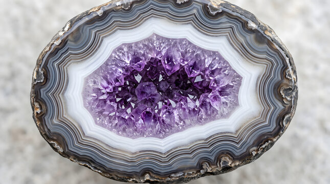Polished Agate Slice with Purple Amethyst Crystal Geode; Blue and White Banded Mineral; Natural Stone Textured Decor